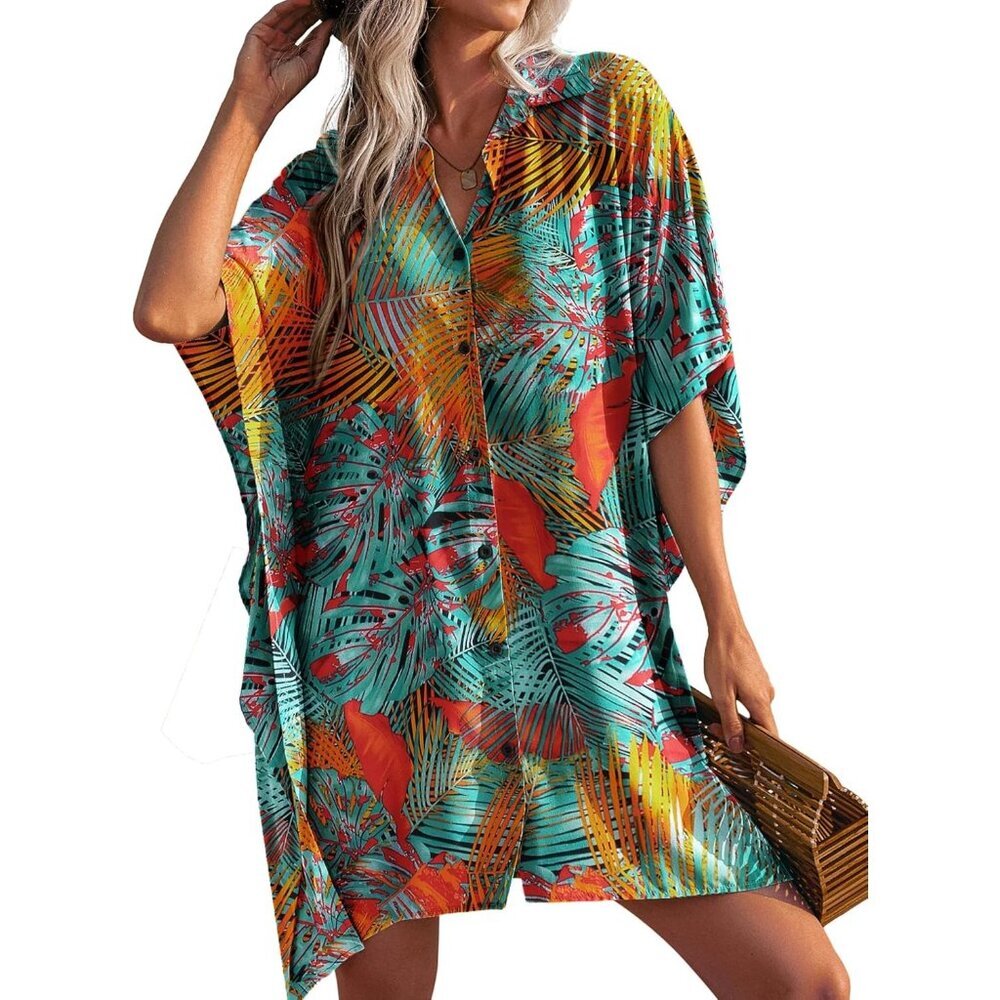 Women Multi Color leaf Sleeve Beachwear Bikini Button Down Oversized Shirt